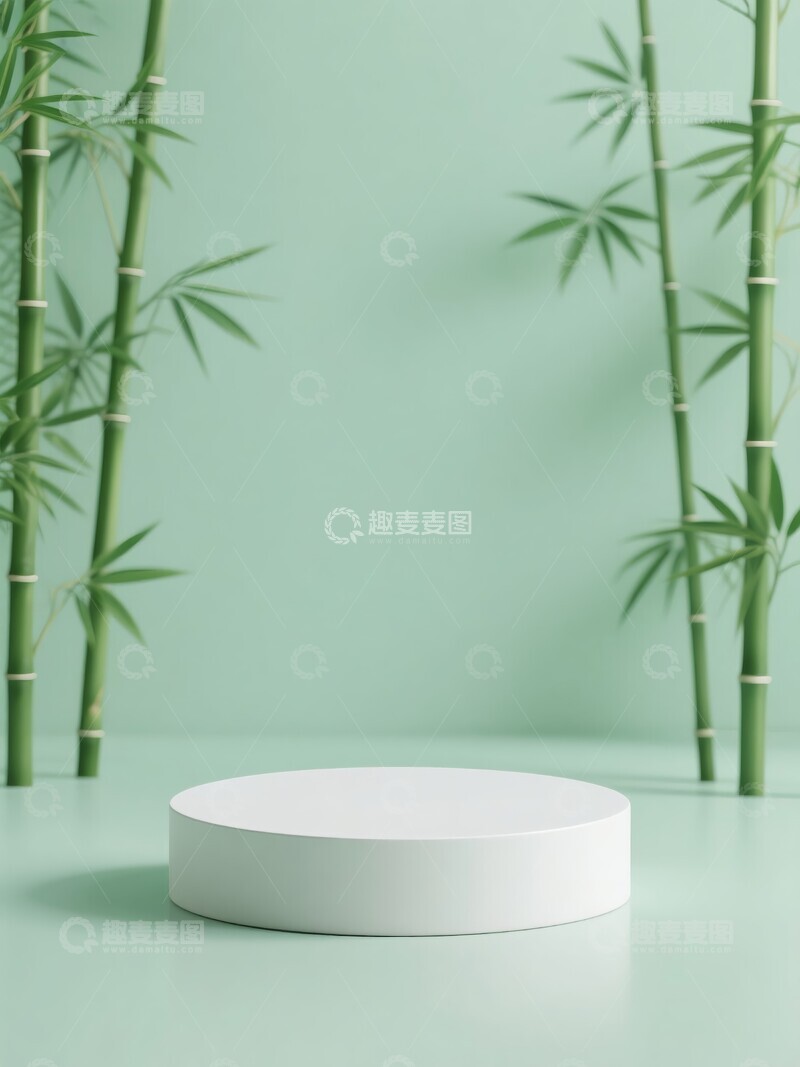 高清大图下载【趣麦麦图】竹林旁的白色圆柱体展示台
