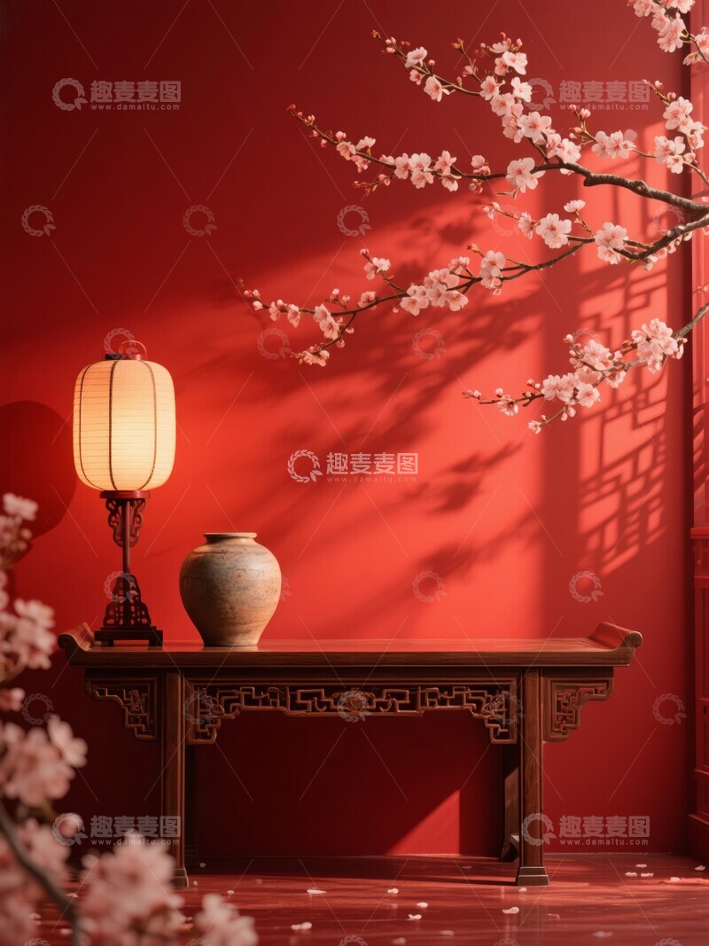 高清大图下载【趣麦麦图】红色背景下的古典木桌与花枝