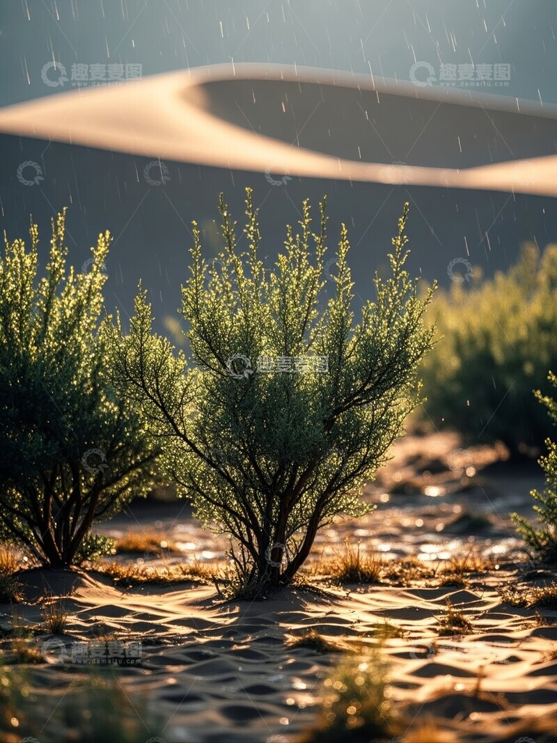高清大图下载【趣麦麦图】沙漠绿植在雨中生长