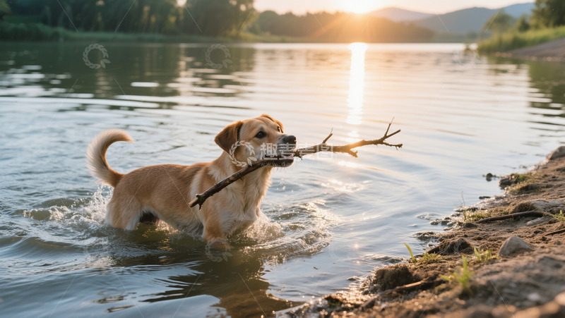 高清大图下载【趣麦麦图】傍晚落日黄昏湖边小狗叼枝玩水商业照片