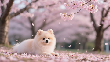 春日樱花树下小狗躺卧场景商业照片
