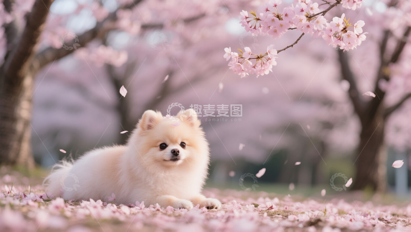 春日樱花树下小狗躺卧场景商业照片