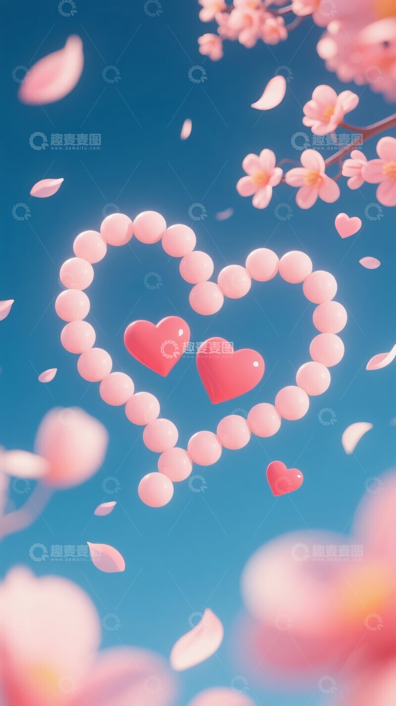 高清大图下载【趣麦麦图】粉色气球心形与樱花飘落的浪漫场景
