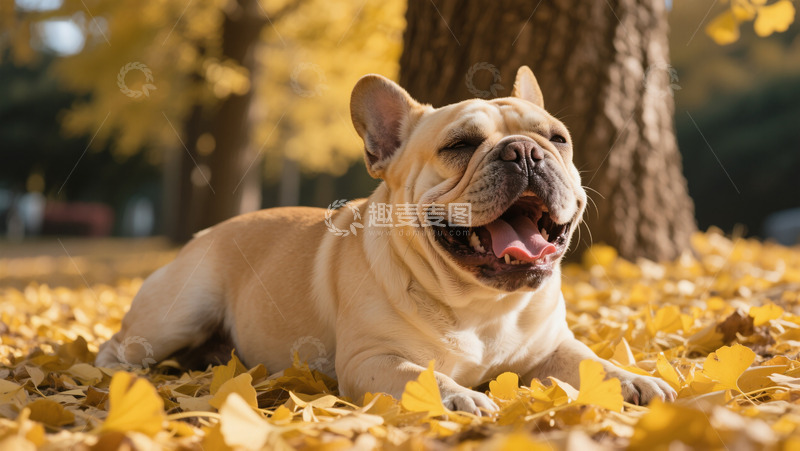 秋季公园场景黄色银杏叶宠物狗玩耍商业照片