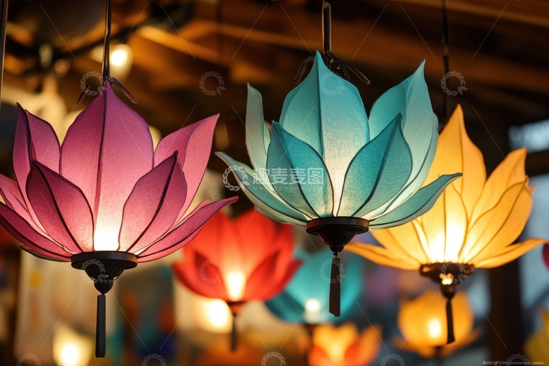 高清大图下载【趣麦麦图】花灯街上悬挂的莲花花灯