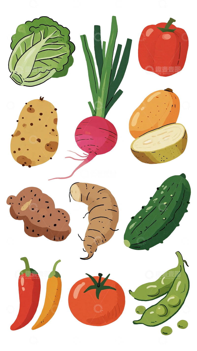 高清大图下载【趣麦麦图】卡通贴纸风格免扣蔬菜素材7