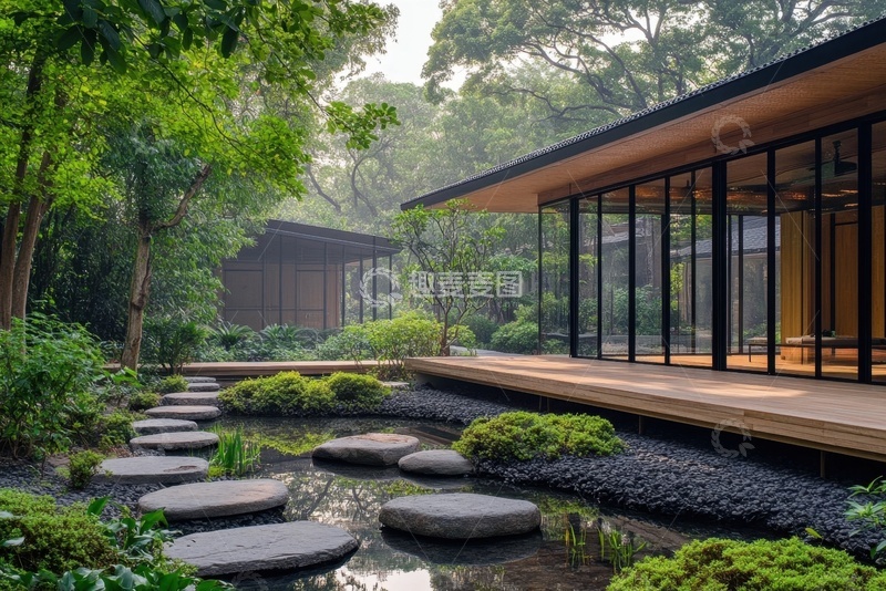 高清大图下载【趣麦麦图】园林石板路凉亭建筑