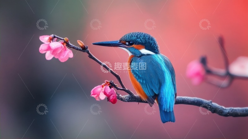 高清大图下载【趣麦麦图】-站在花枝上的一只翠鸟