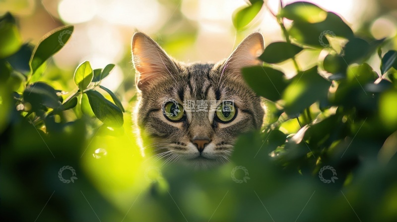 高清大图下载【趣麦麦图】树叶草丛里的狸花猫