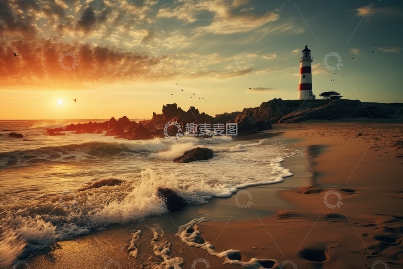高清大图下载【趣麦麦图】沙滩灯塔海边风景