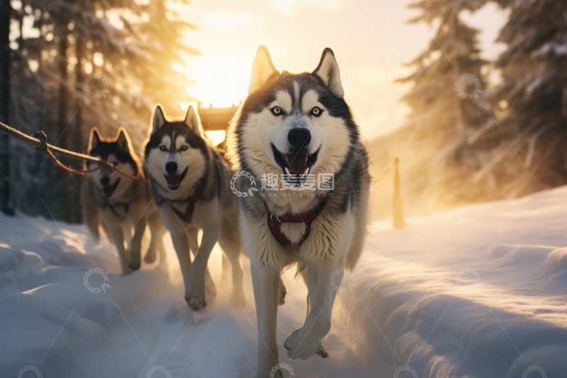 高清大图下载【趣麦麦图】雪地里哈士奇拉着雪橇