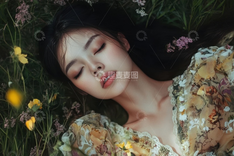 高清大图下载【趣麦麦图】躺在草坪里的女孩