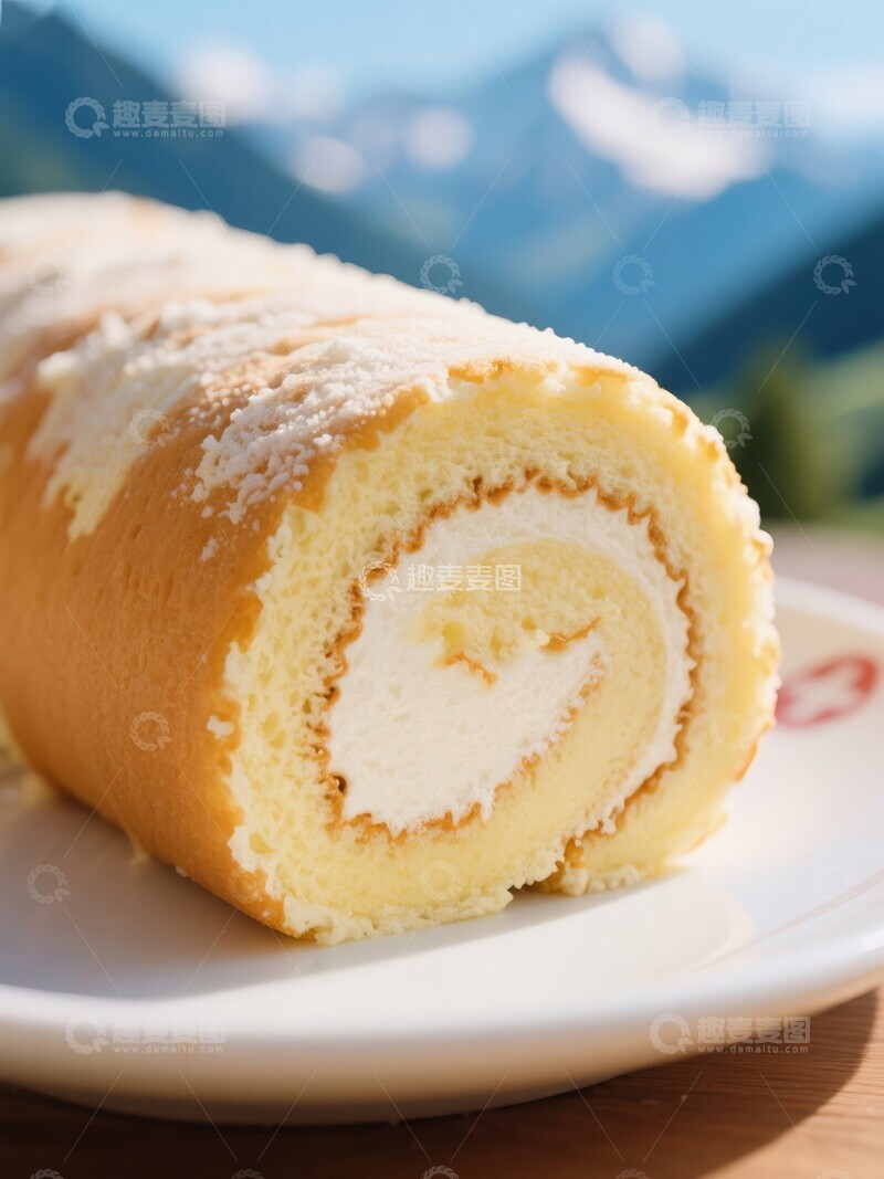 高清大图下载【趣麦麦图】瑞士卷蛋糕卷与山景背景