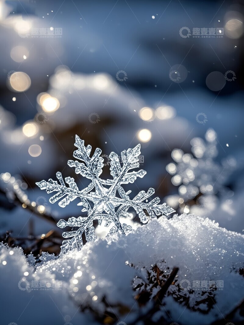 高清大图下载【趣麦麦图】晶莹剔透的雪花在雪地上闪耀