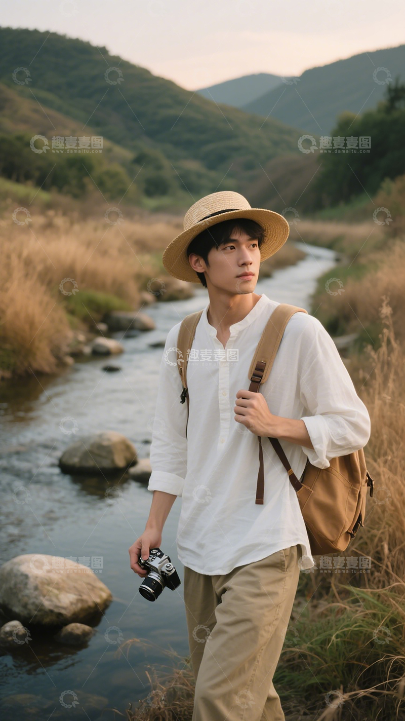 户外摄影人像男士山间溪流背棕包手持相机
