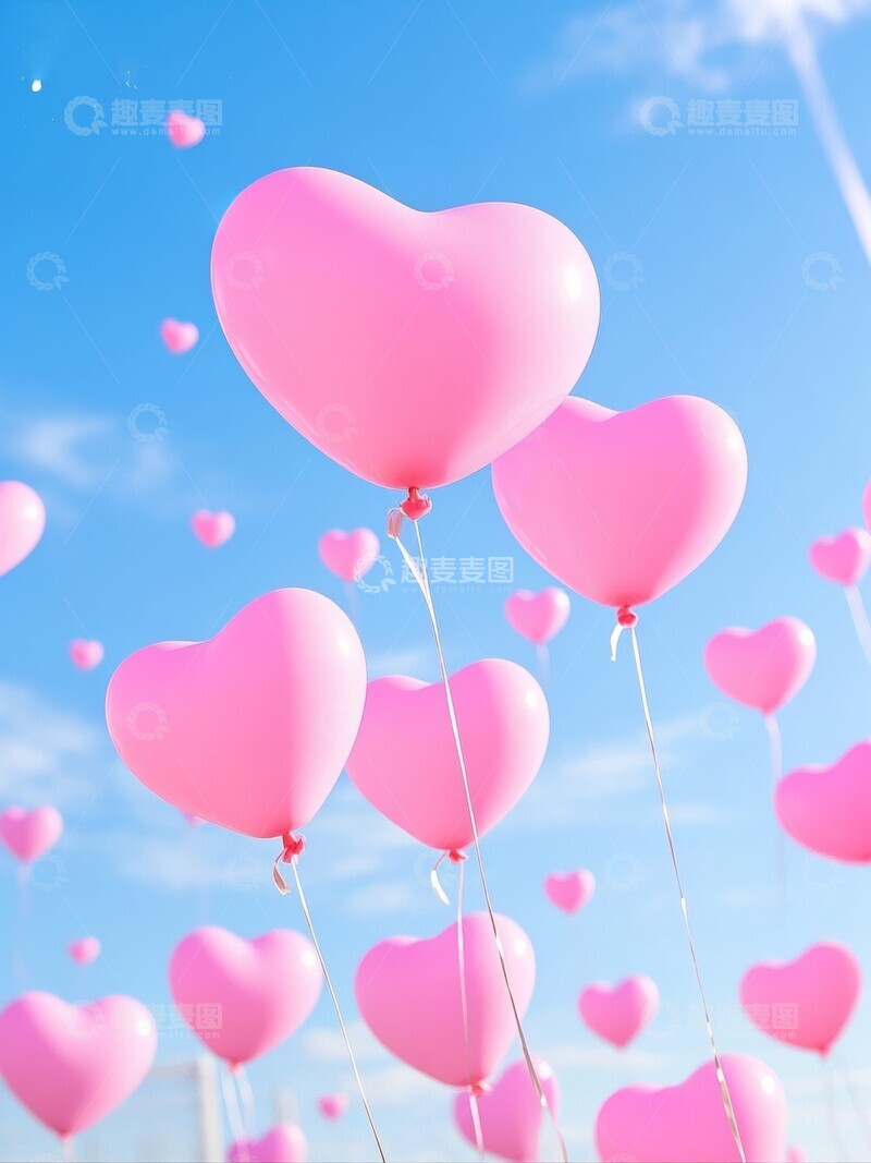 高清大图下载【趣麦麦图】粉色心形气球在蓝天白云下飘浮