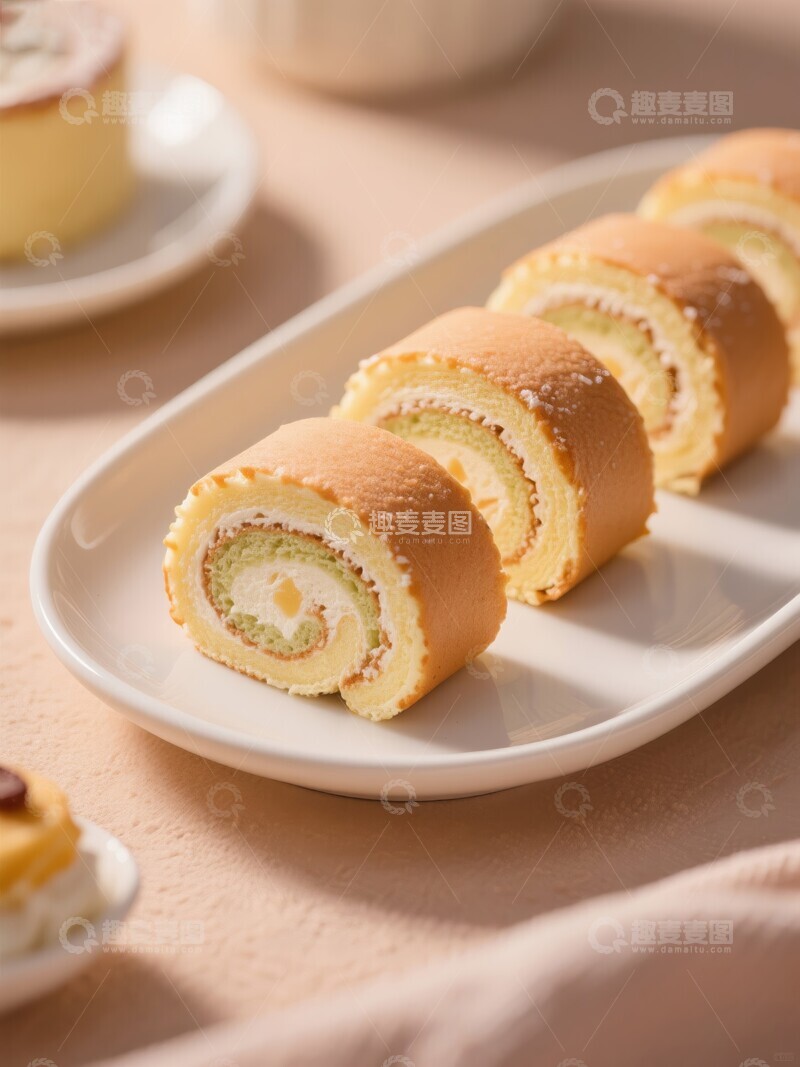 高清大图下载【趣麦麦图】奶油蛋糕卷切片，摆放在白色长盘上