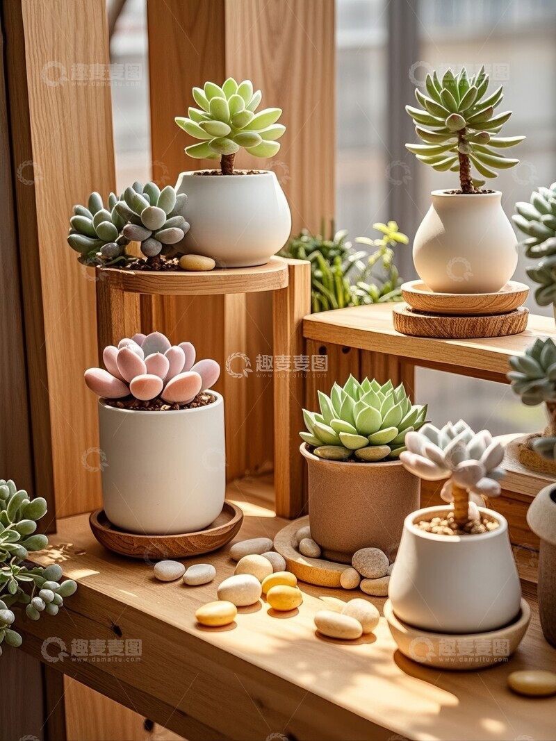 高清大图下载【趣麦麦图】阳台多肉植物与陶瓷花盆的温馨室内布置