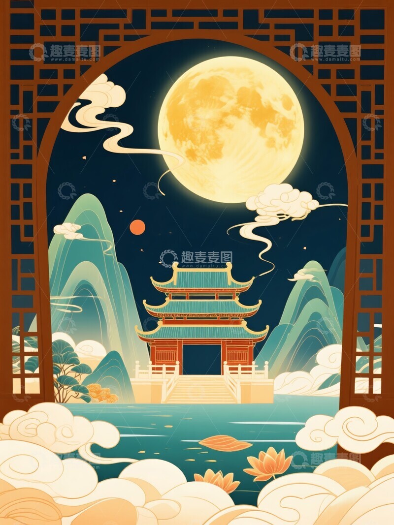 高清大图下载【趣麦麦图】中秋佳节赏月扁平风格插画