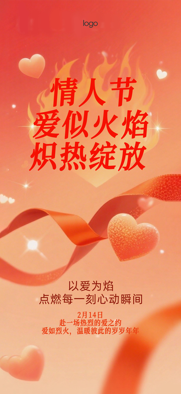 橙色火焰简约星星爱心情人节温馨浪漫海报