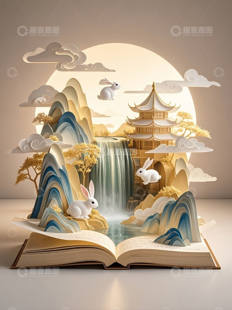 高清大图下载【趣麦麦图】中秋佳节明月山水立体建模