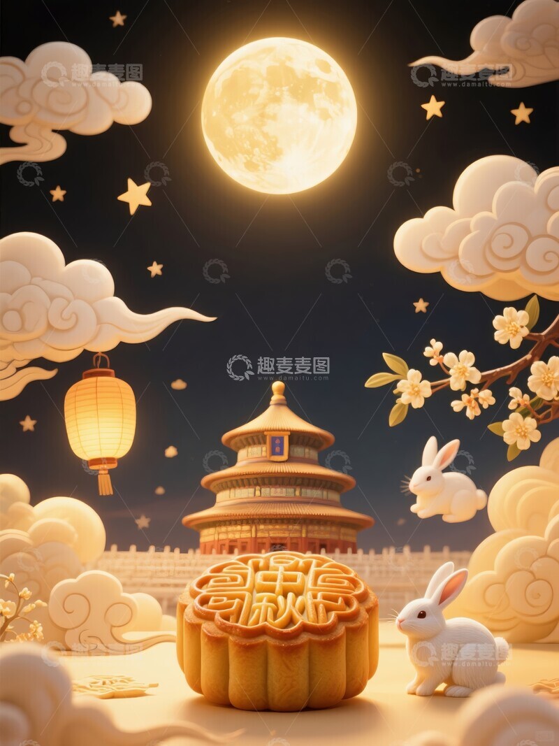 高清大图下载【趣麦麦图】中秋夜景明月映照古建筑与莲花池