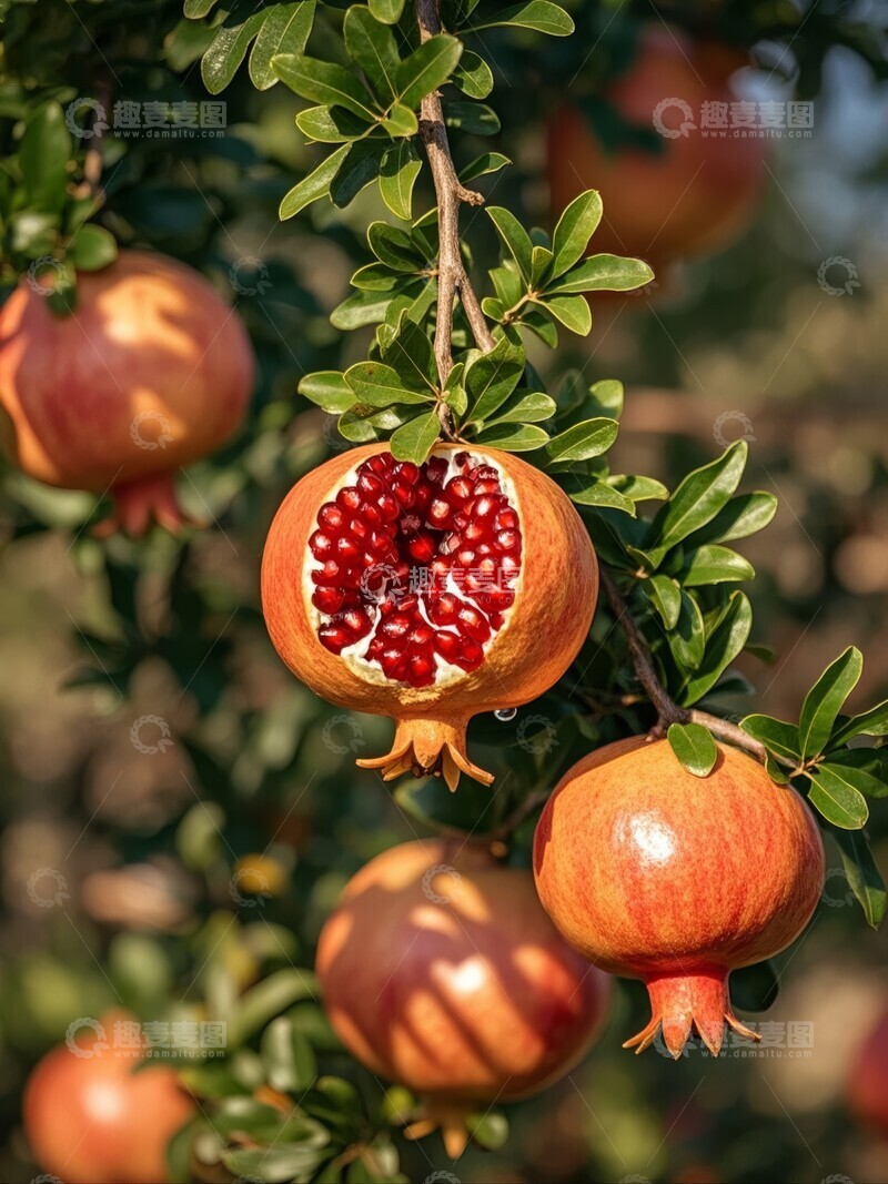高清大图下载【趣麦麦图】果树枝头的成熟石榴一颗裂开露出红籽
