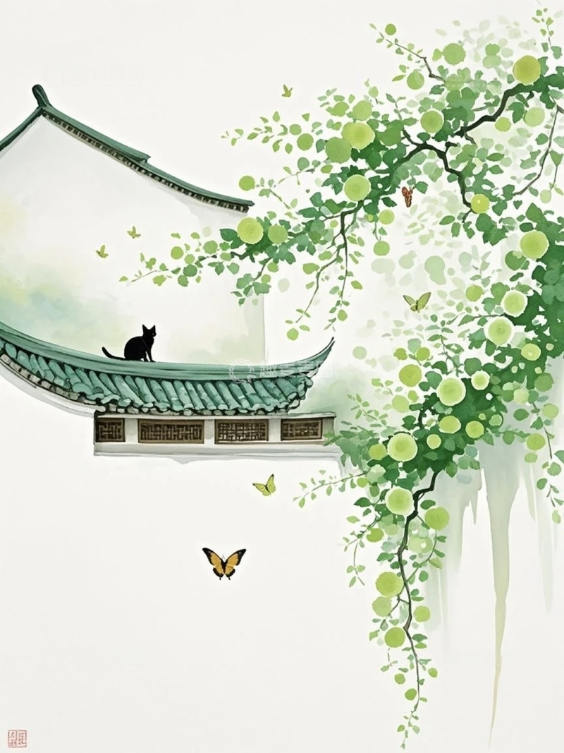 高清大图下载【趣麦麦图】国画画风花枝与房屋背景2