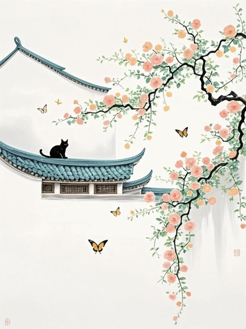 国画画风花枝与房屋背景1