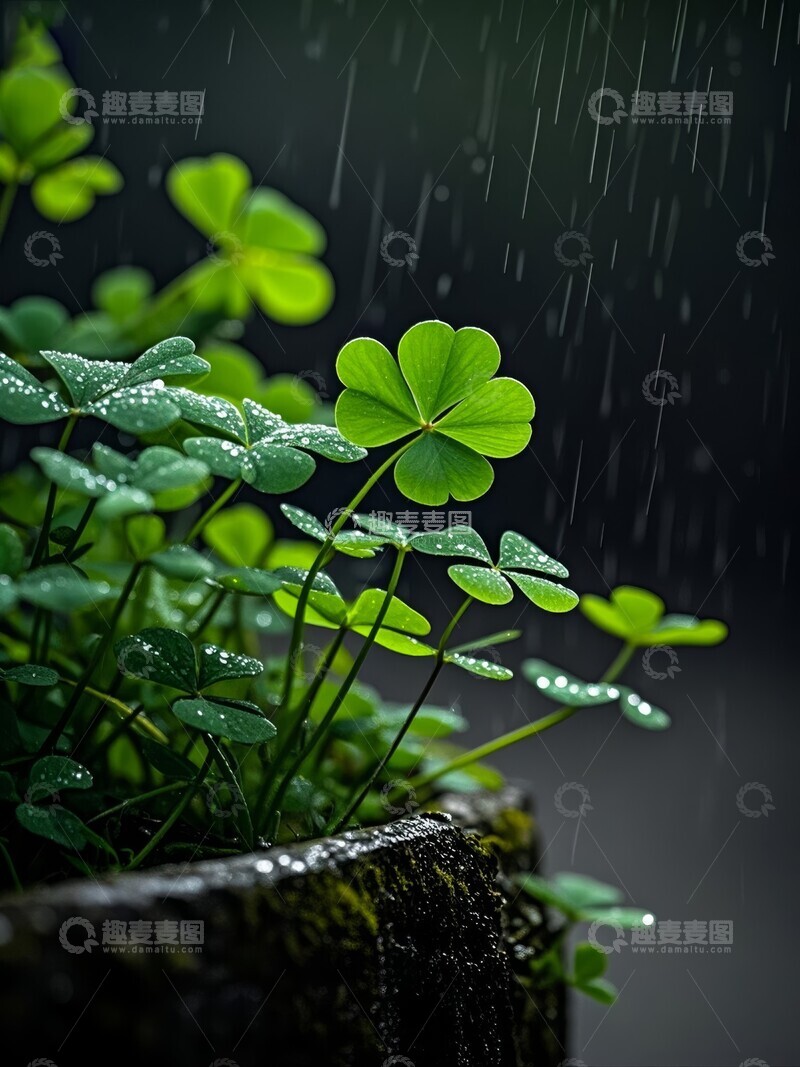 高清大图下载【趣麦麦图】雨中四叶草水珠滴落