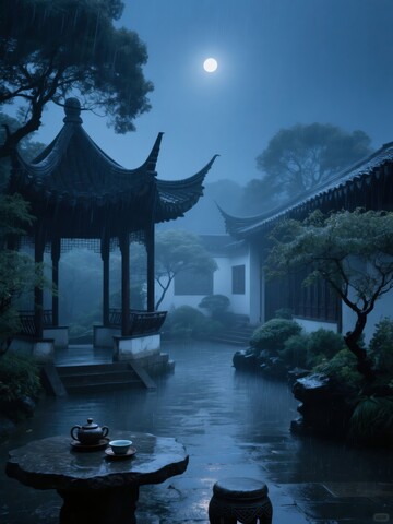 月光下的中式古典园林