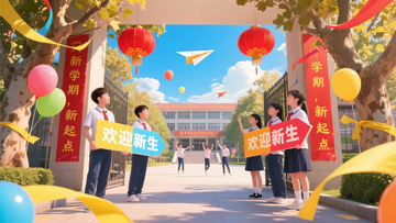 中小学学校大门欢迎新生海报素材插画