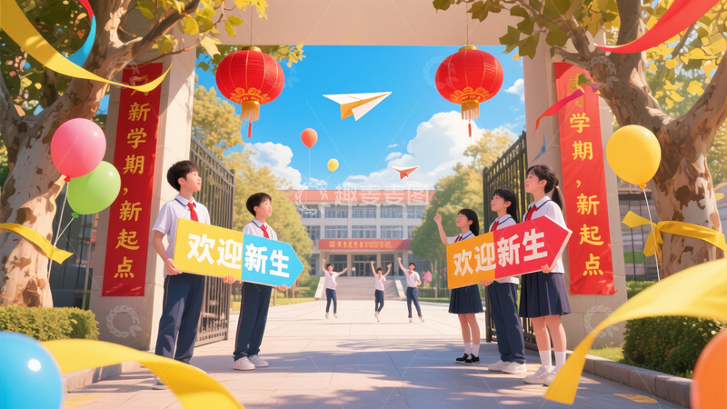 中小学学校大门欢迎新生海报素材插画