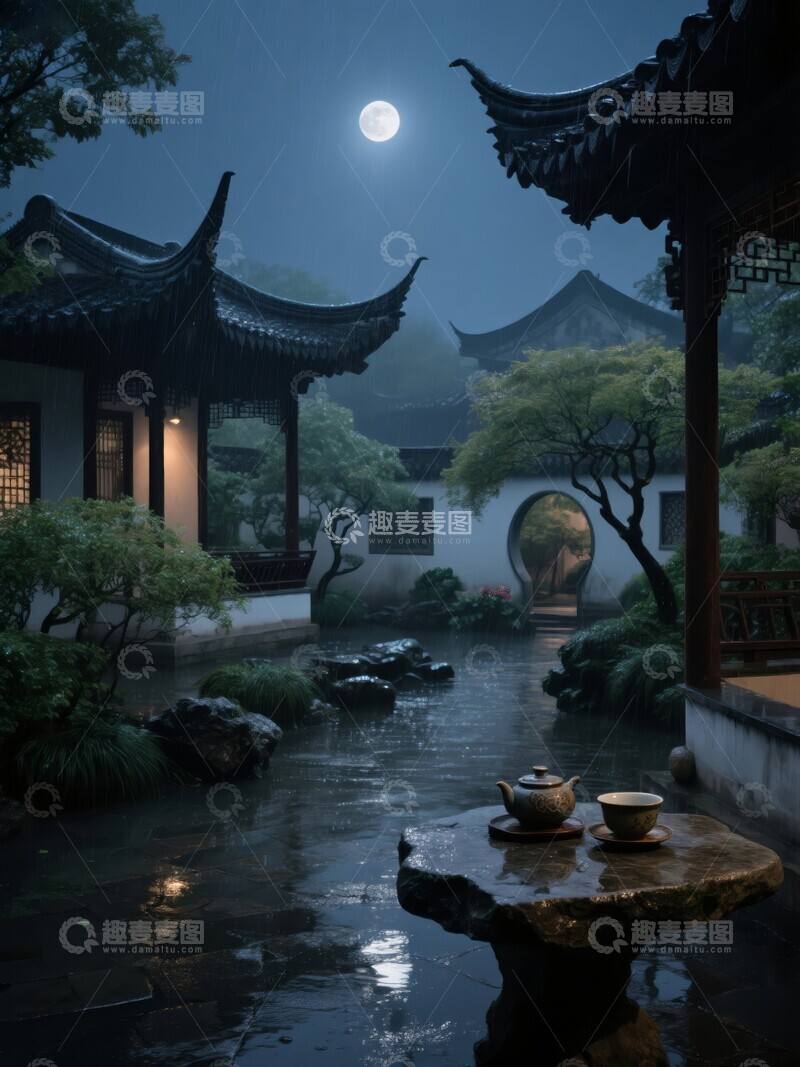 高清大图下载【趣麦麦图】夜光下的古典园林