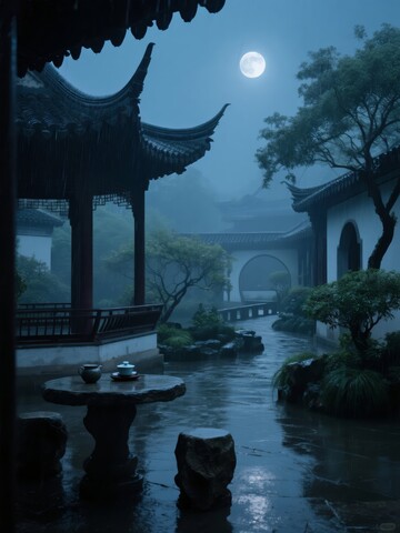 月夜下的中式古典园林