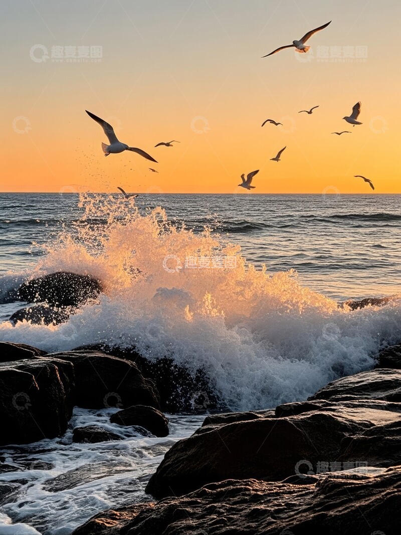 高清大图下载【趣麦麦图】海浪拍打岩石，飞鸟翱翔夕阳