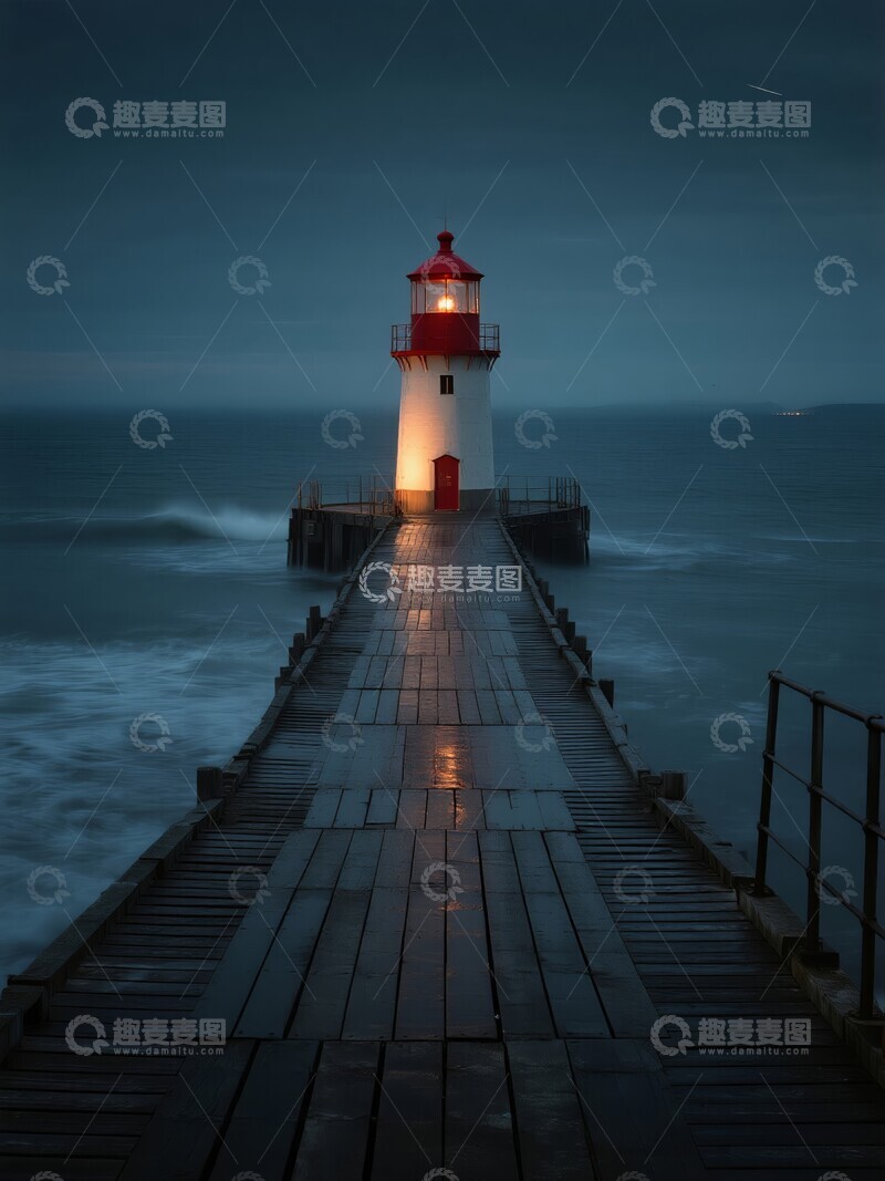 高清大图下载【趣麦麦图】夜晚的灯塔与木栈道