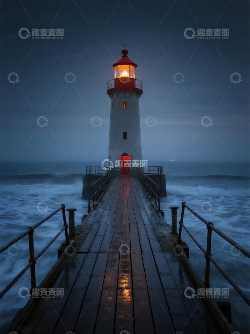 高清大图下载【趣麦麦图】夜幕下的灯塔与木栈道
