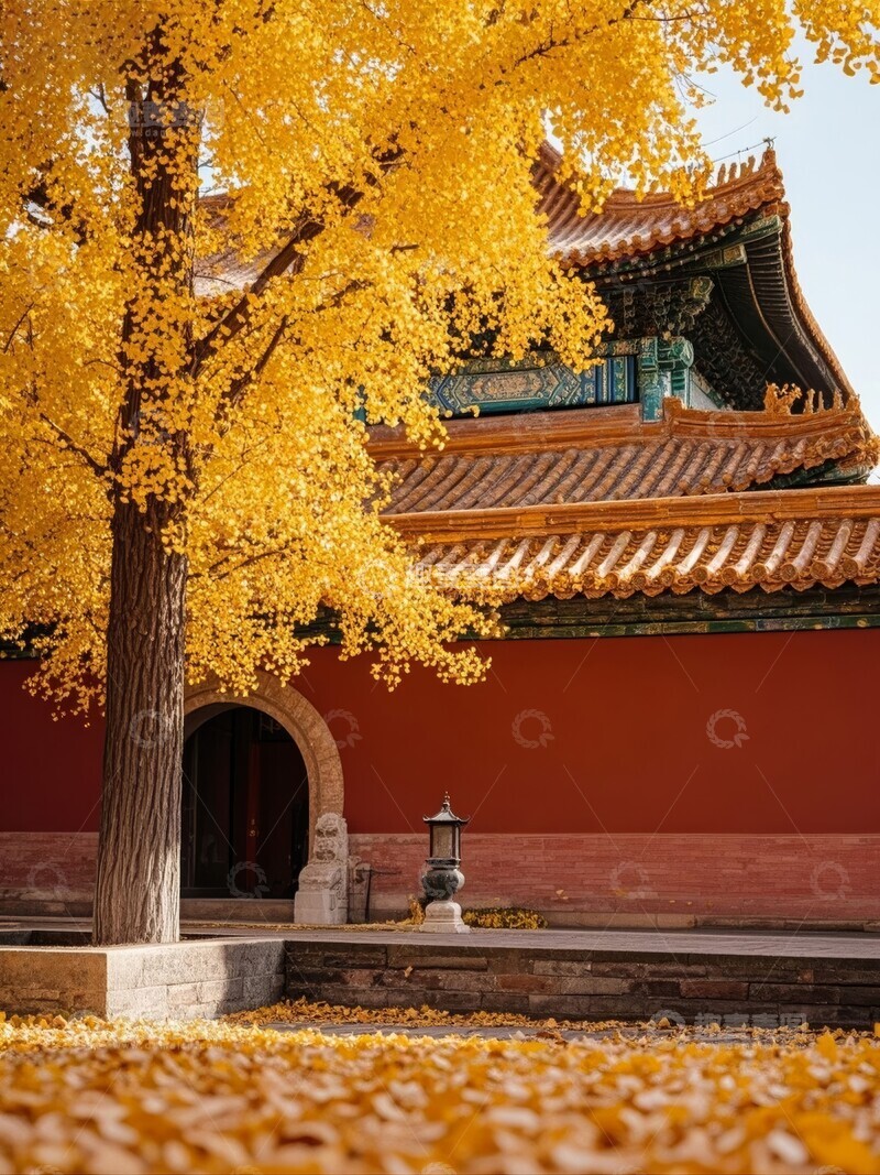 高清大图下载【趣麦麦图】秋日宫墙旁的金黄银杏树