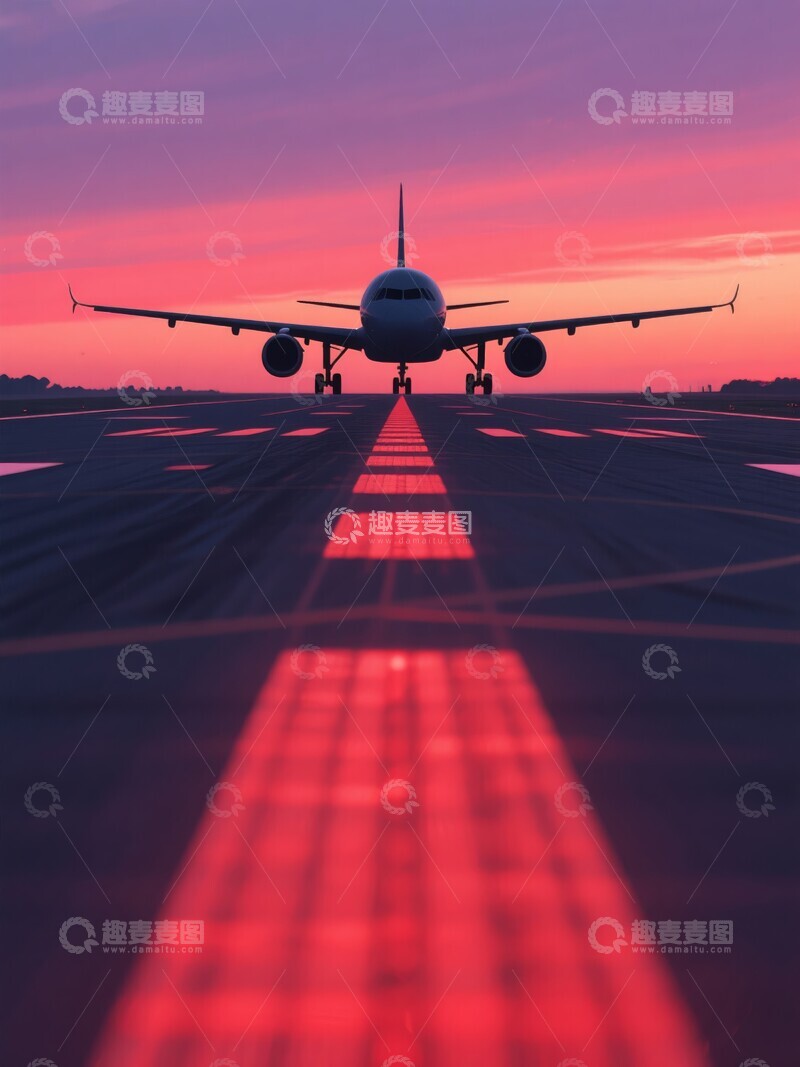 高清大图下载【趣麦麦图】日落时的机场跑道与飞机