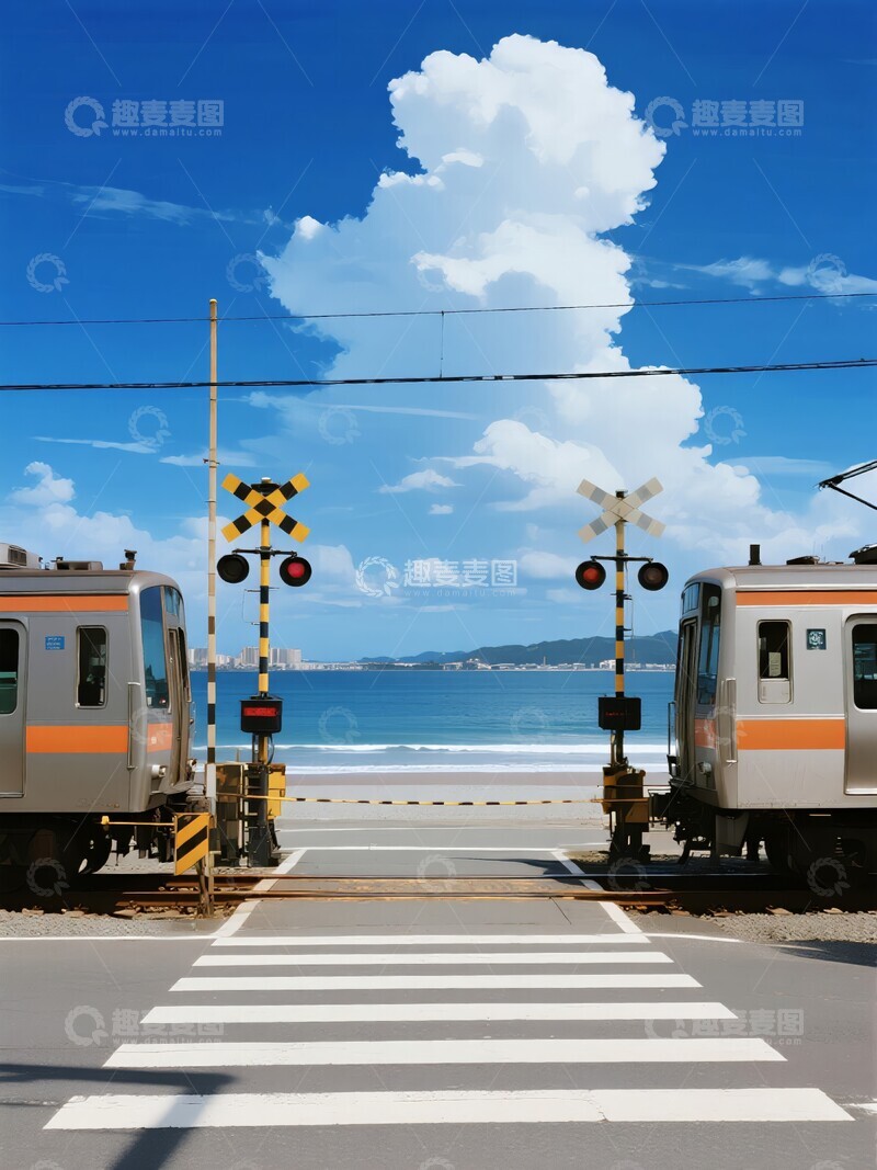 高清大图下载【趣麦麦图】铁路道口与停靠列车