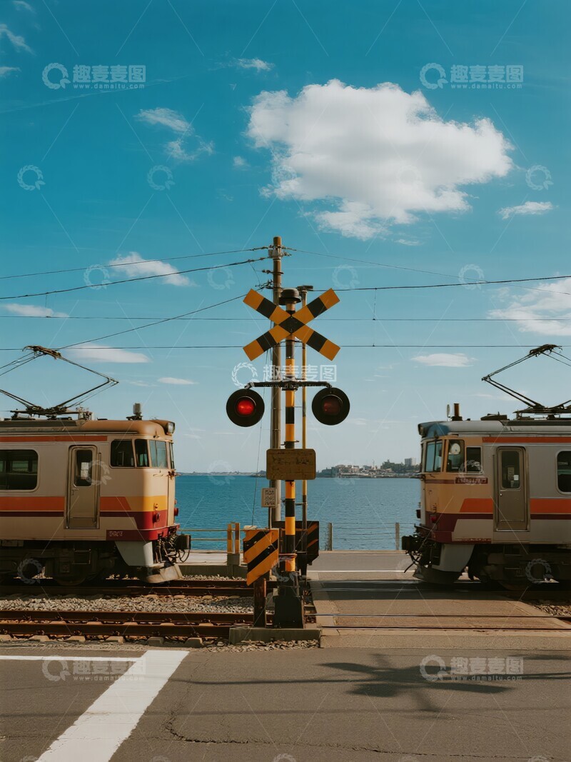 高清大图下载【趣麦麦图】海边铁路交叉口的列车与行人斑马线