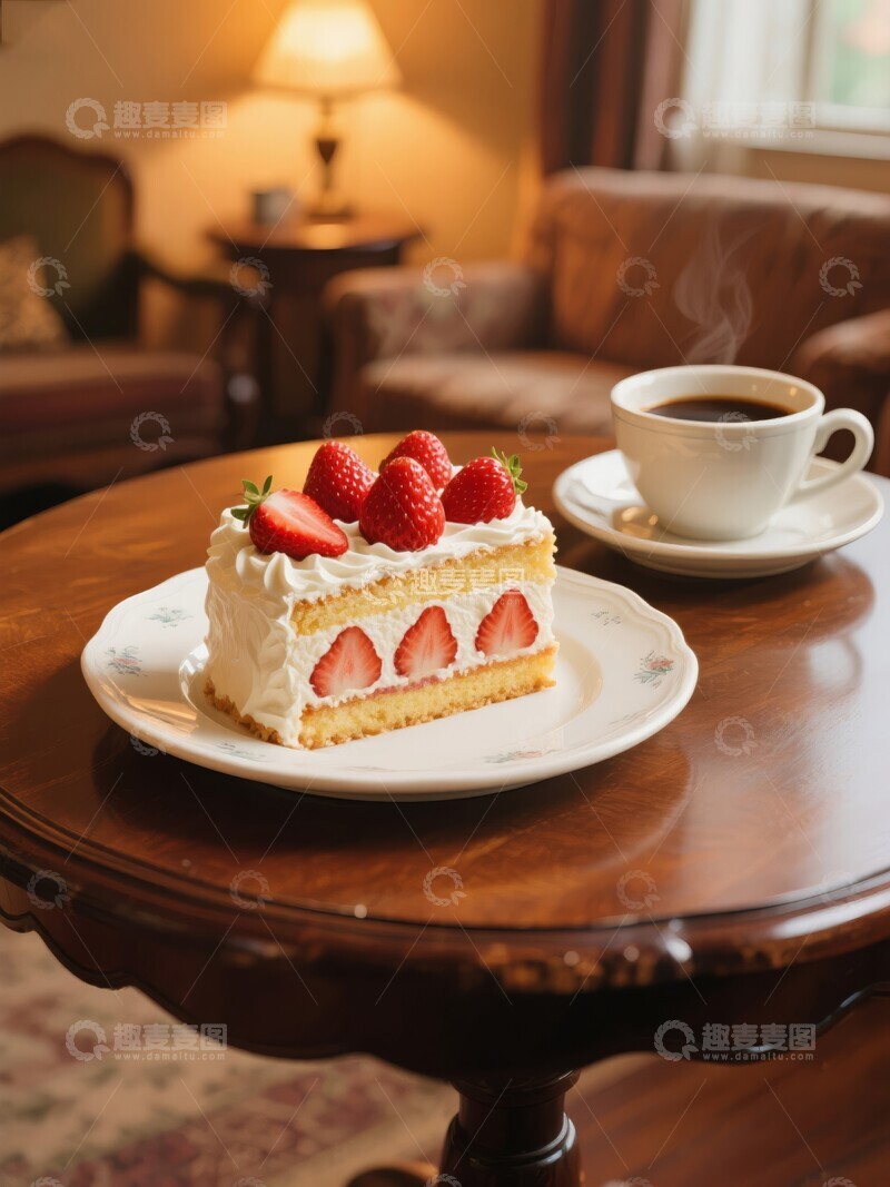 高清大图下载【趣麦麦图】草莓奶油蛋糕与咖啡的温馨下午茶