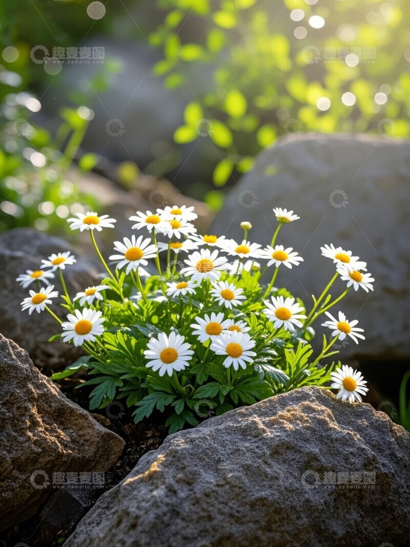 高清大图下载【趣麦麦图】石缝中盛开的雏菊花丛