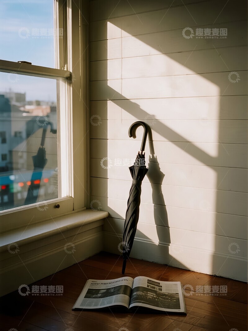 高清大图下载【趣麦麦图】阳光透过窗户照亮墙上的雨伞