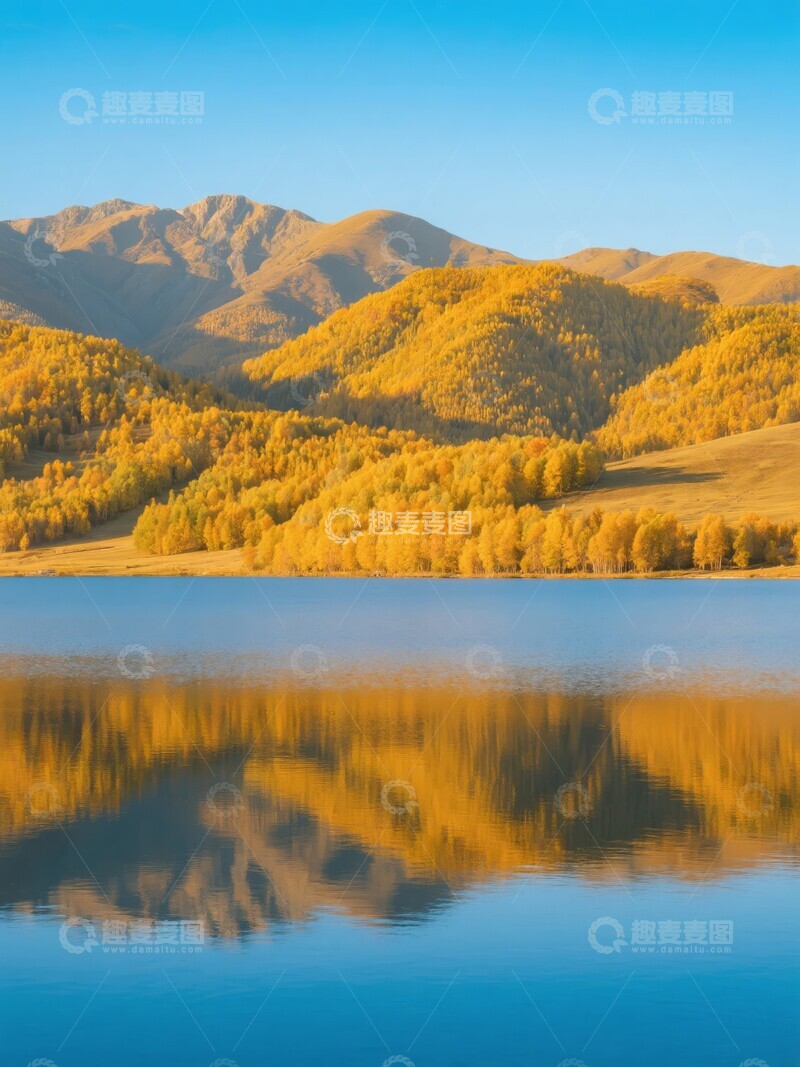 高清大图下载【趣麦麦图】高山湖泊与金黄草原的宁静美景