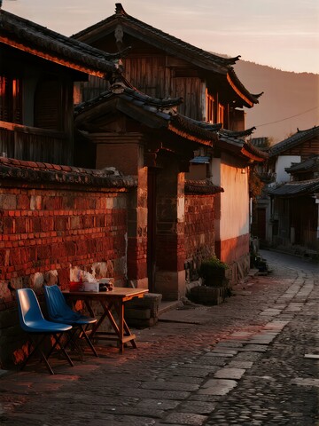 街边的木质桌椅与红砖墙