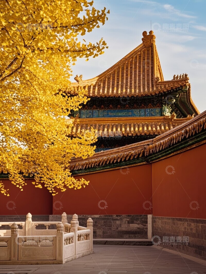 高清大图下载【趣麦麦图】秋天古建筑旁的金黄银杏树