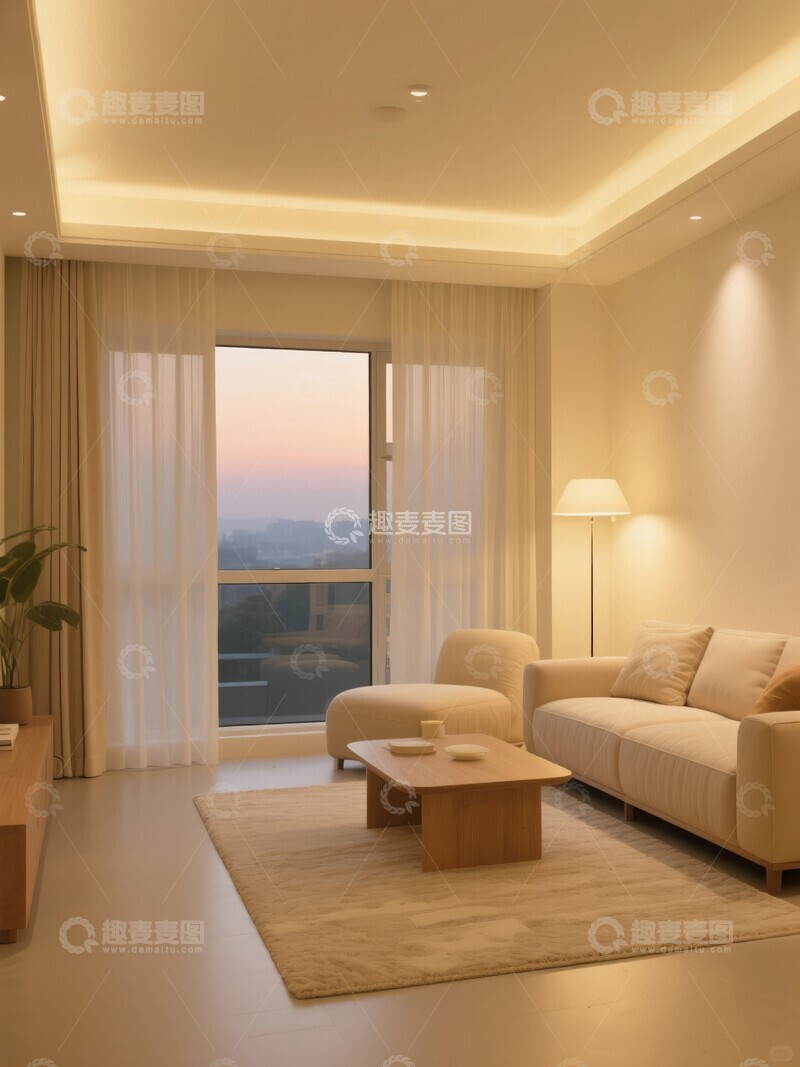 高清大图下载【趣麦麦图】温馨现代客厅木质地板与米色沙发