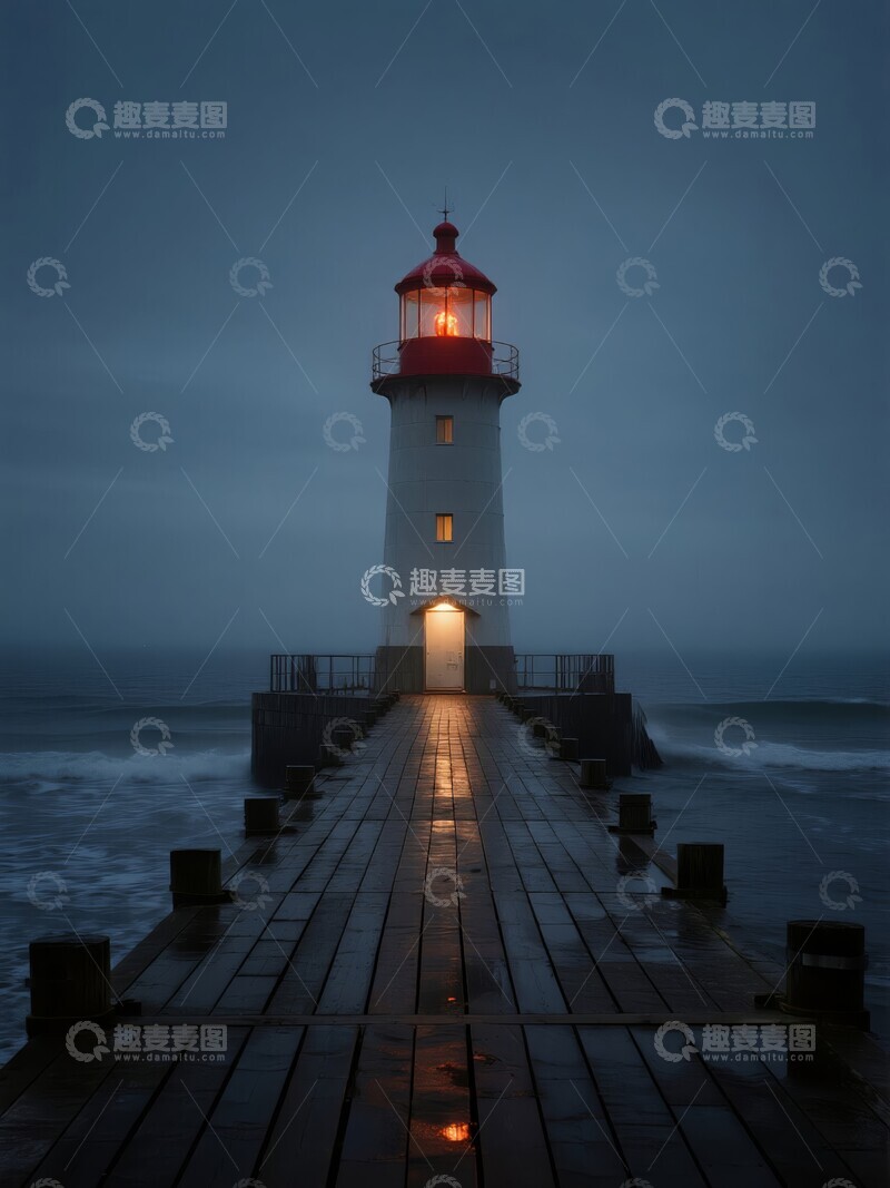 高清大图下载【趣麦麦图】夜晚的红色灯塔与栈道